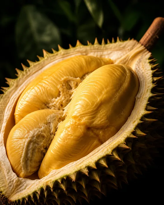 Opened durian showing ripe golden flesh